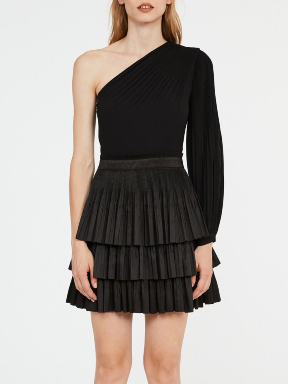 Claudie Pierlot Black One-Shoulder Pleated Mini Dress